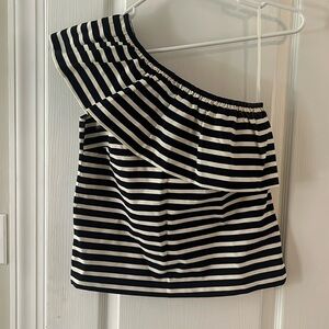 Ruffle one shoulder top- dark navy and cream